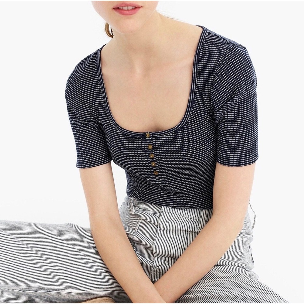 J Crew womens top slim‎ perfect ribbed Henley navy blue top button front S